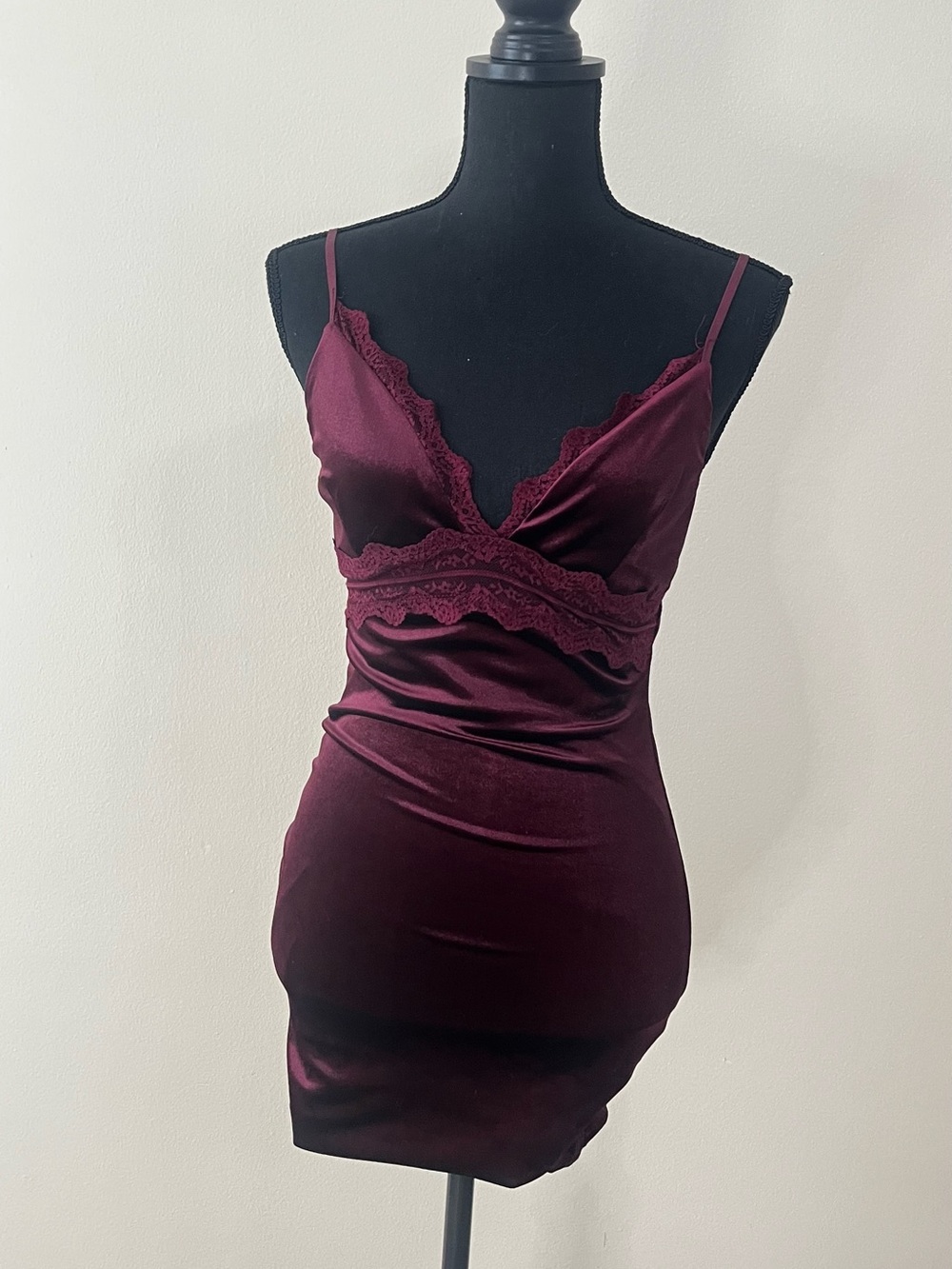 Women's Burgundy Lace Trim Satin Slip Dress